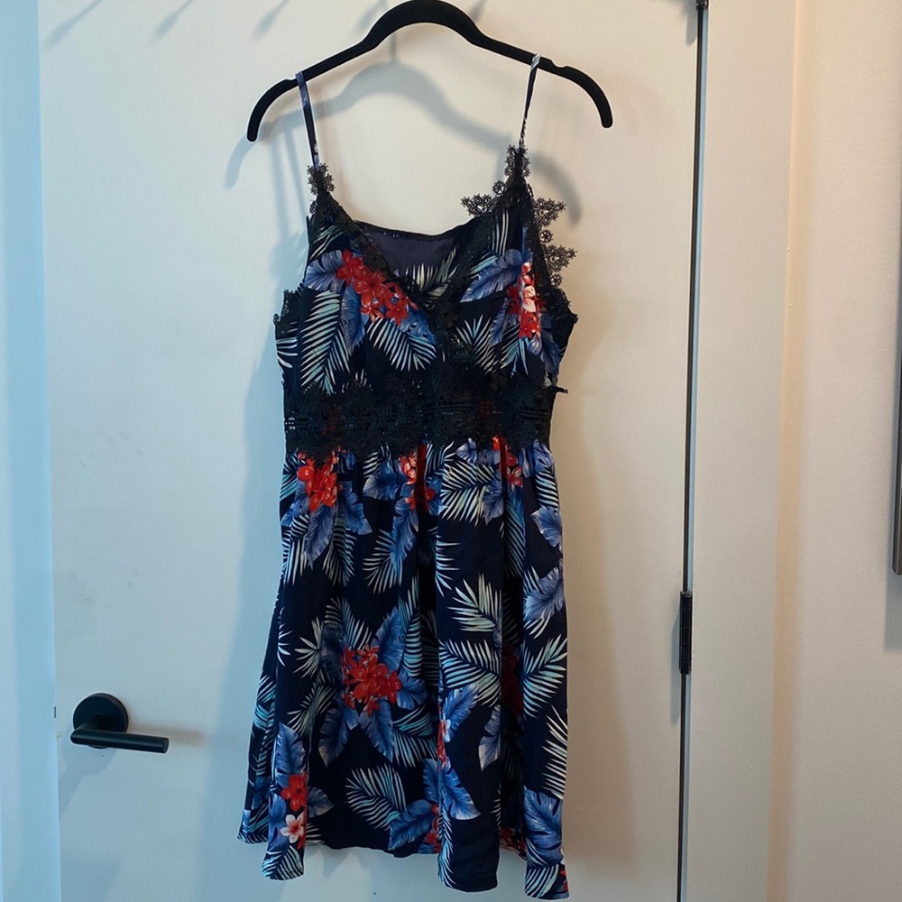 SHEIN tropical print lace lined cami dress